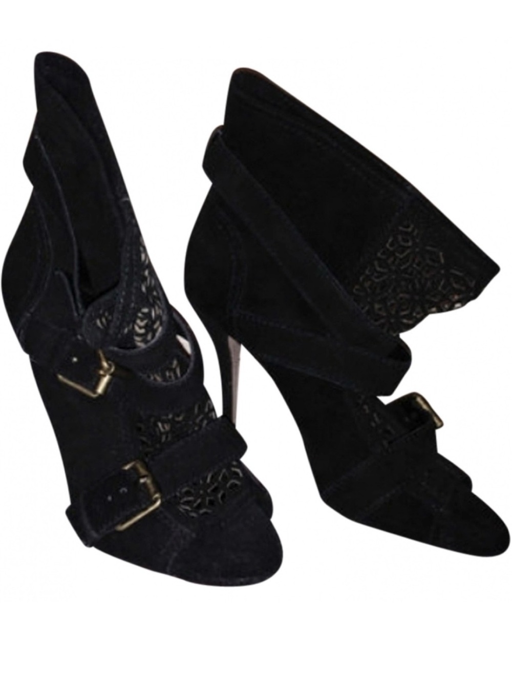 Steve Madden Black Suede Cutout Open-Toe Ankle Booties with Buckles 7